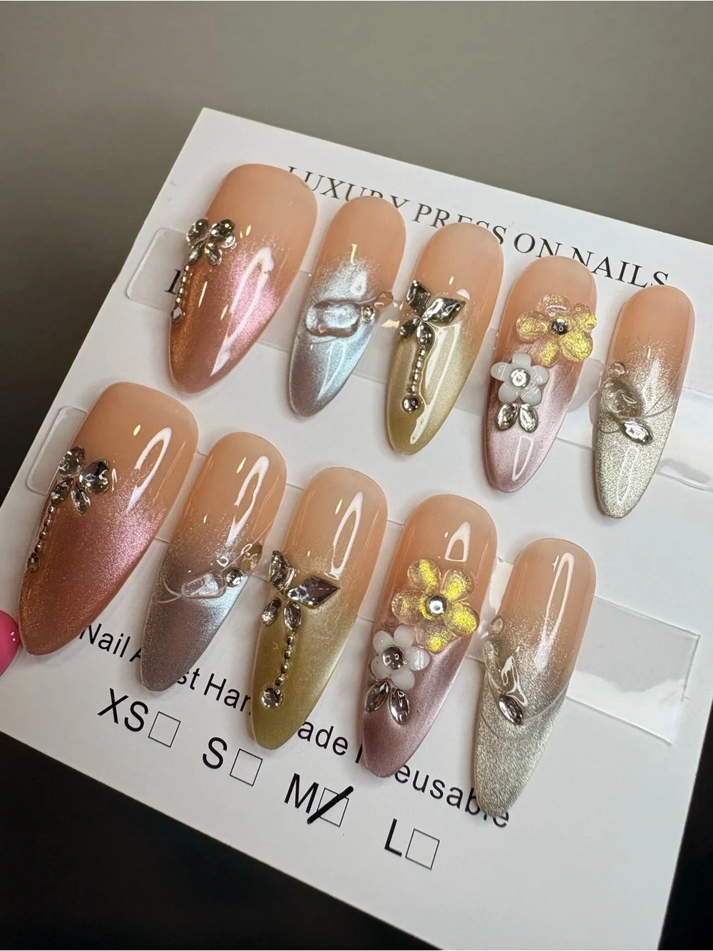 Elegant Nude Press-On Nails with Floral Gems - Peach Pink Set